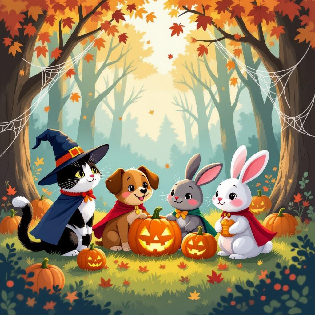 Animals in Halloween Costumes in Enchanted Forest