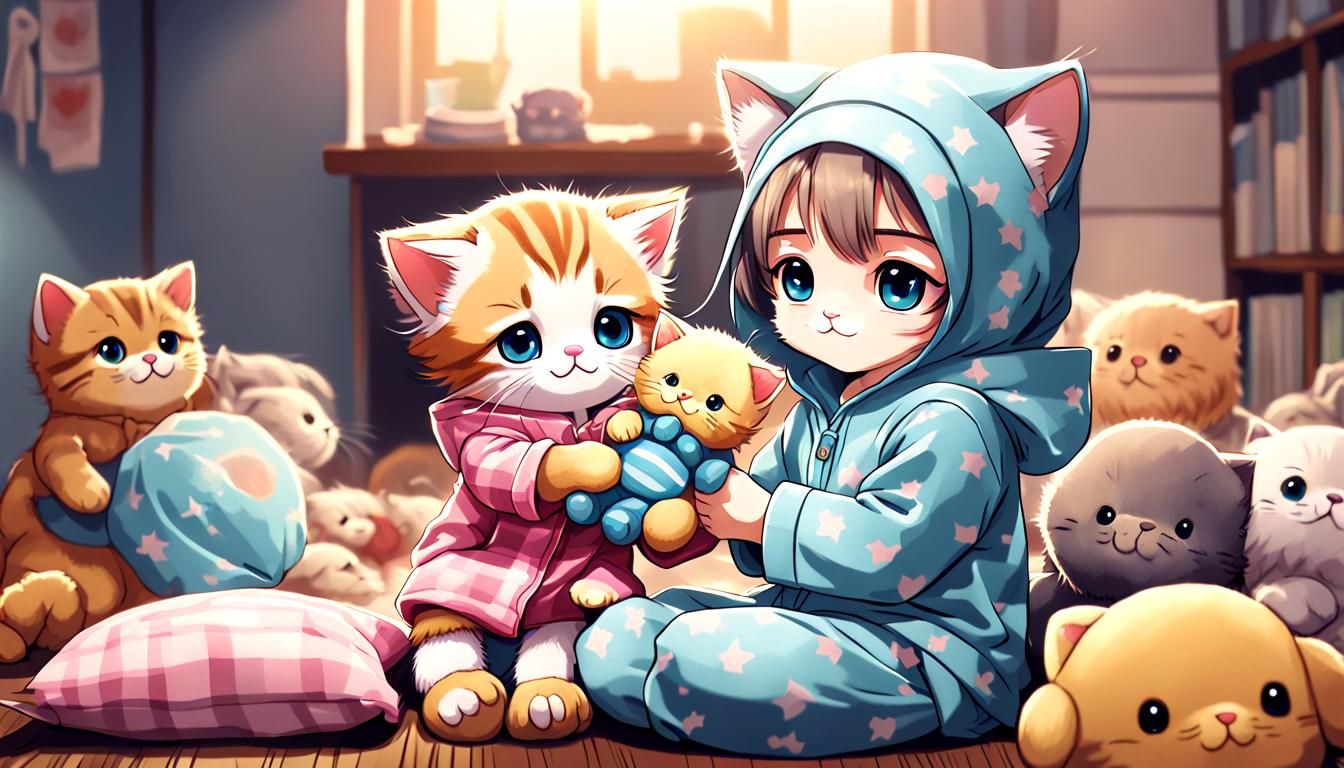 Kittens in Pajamas with Stuffed Animals, Cel-Shaded Style