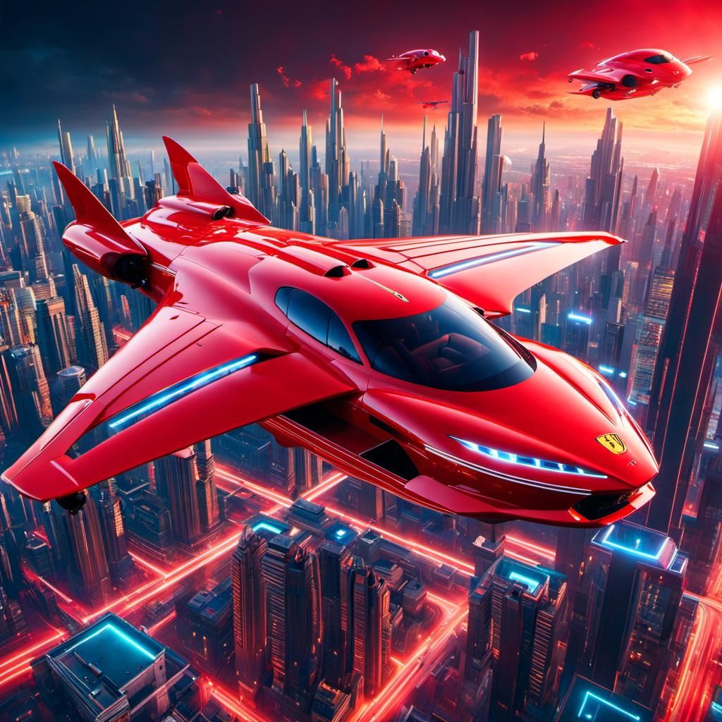 Raygun Gothic Ferrari Flying Car Over Cityscape