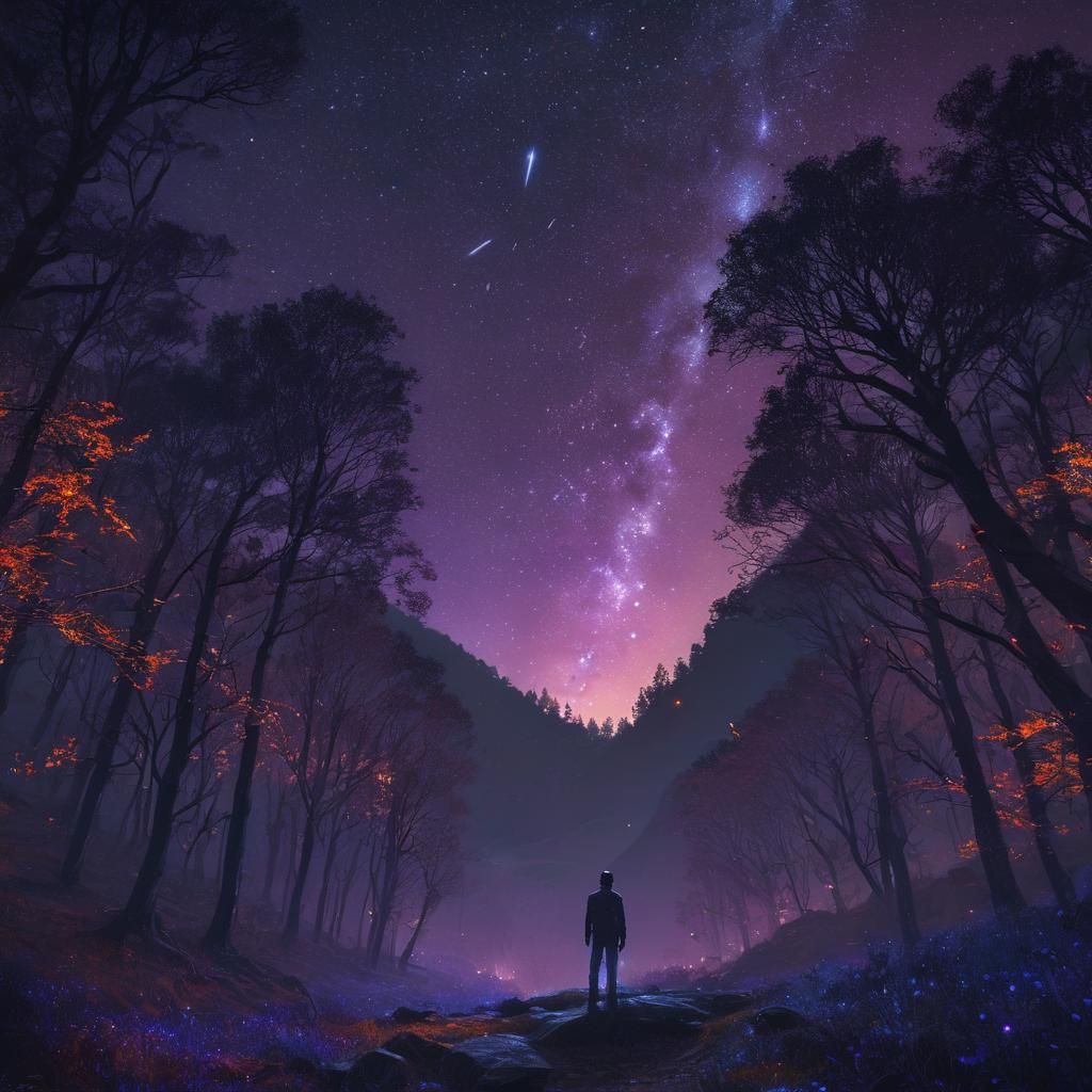 Fantasy Valley at Night with Shooting Stars