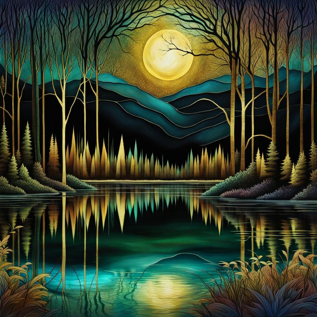 Mystical Forest Scene with Lake Reflection