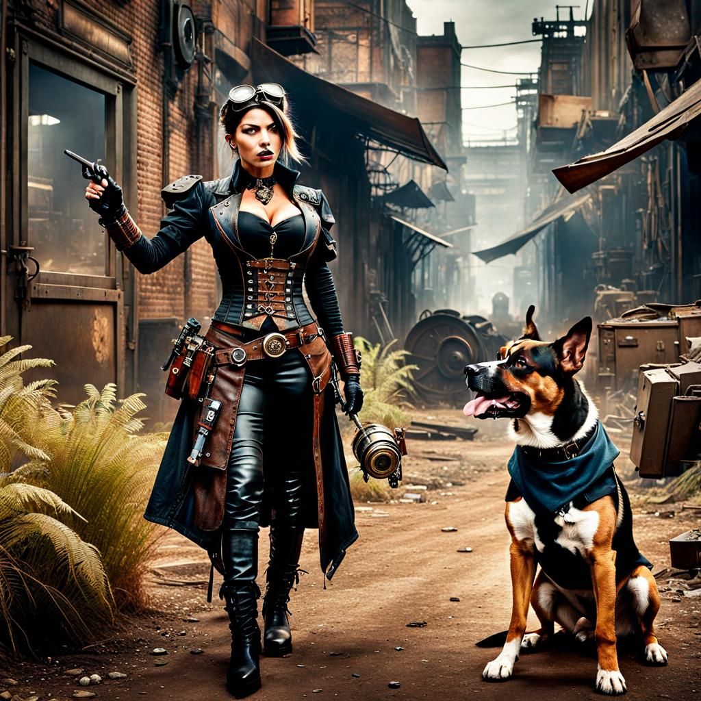 Steampunk Bandit Accuses Dog in Cyberpunk Alley