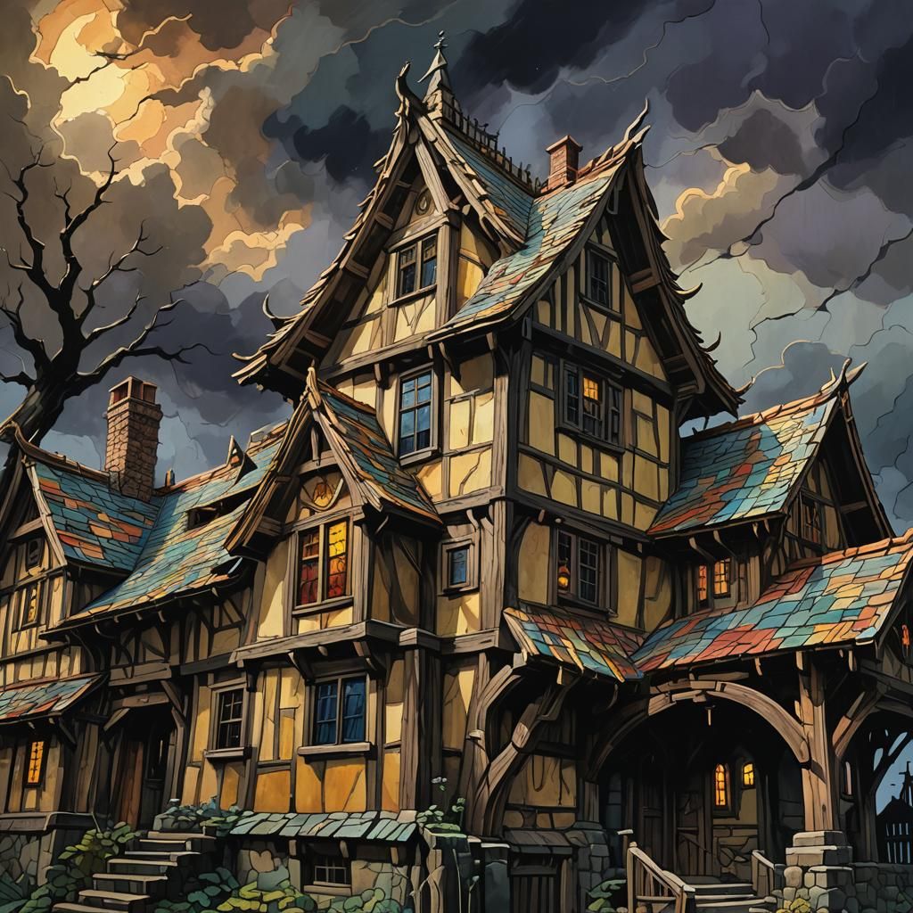 Eerie House with Stained Glass in Dark Fantasy Style