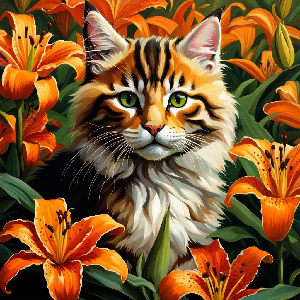 Kitten Amongst Lilies in Pre-Raphaelite Style
