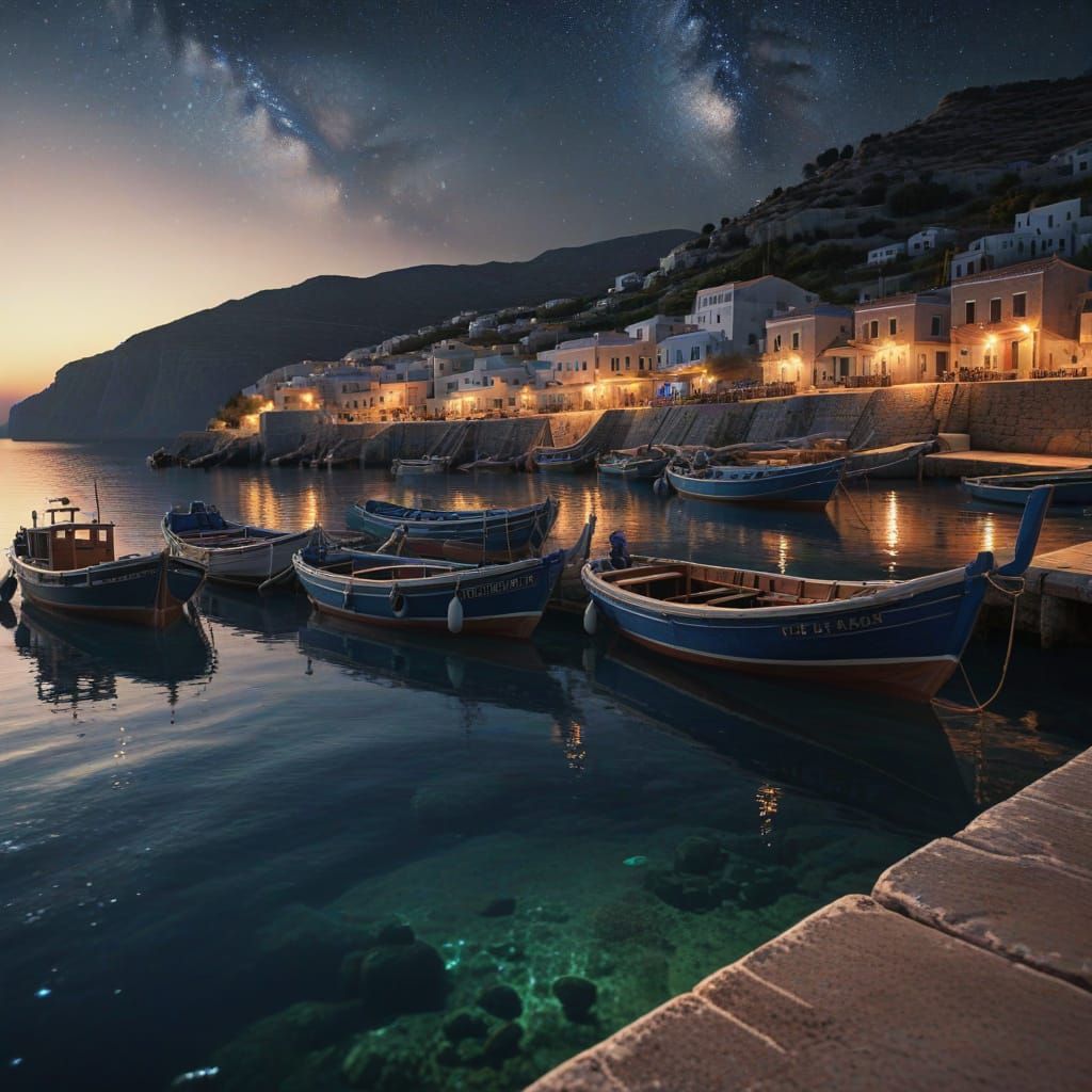 Tranquil Greek Harbor at Sunrise with Milky Way Sky