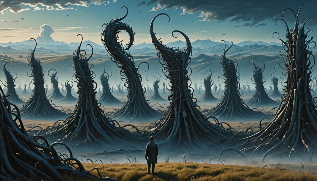 Surreal Human Figure Overlooking Abstract Hook Field