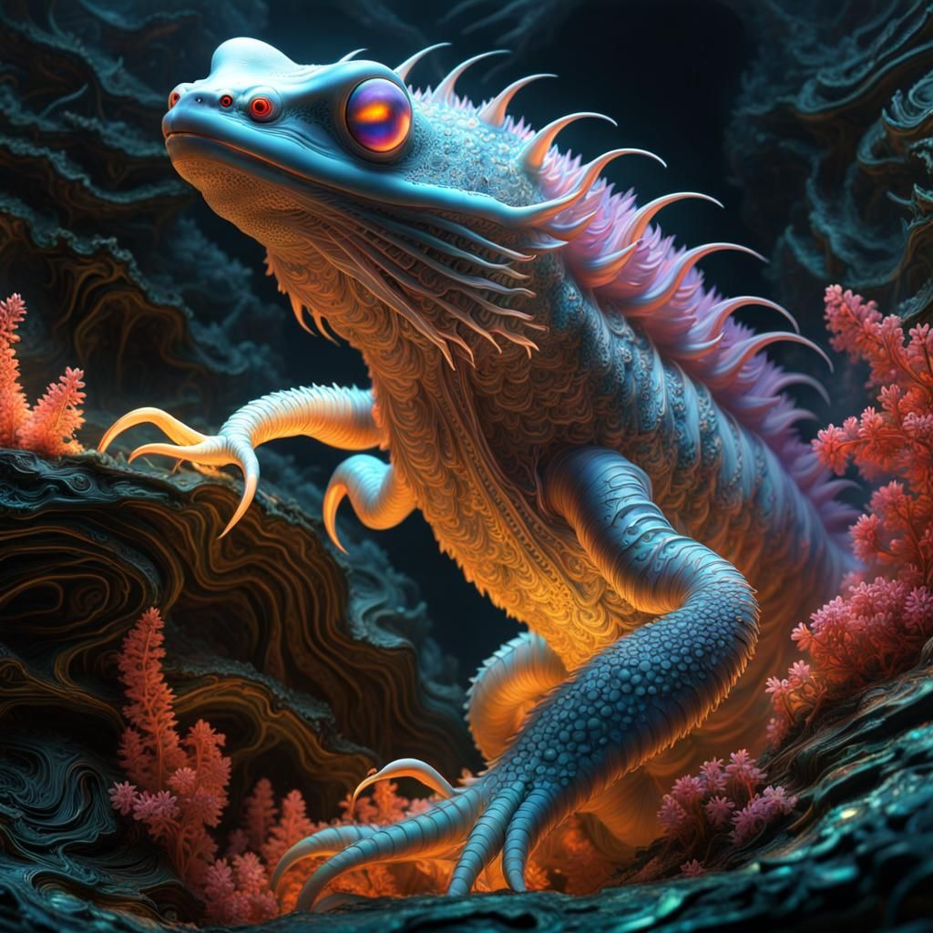 Bioluminescent Axolotl Kaiju Emerges: Psychedelic Glitter Ar...