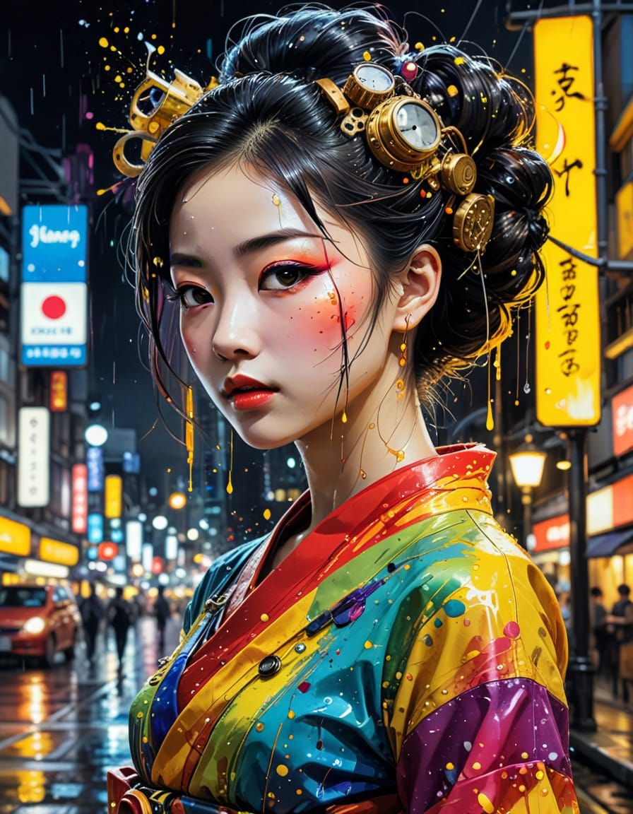 Liquid Tokyo Steampunk Maiko in Rainbow Dress