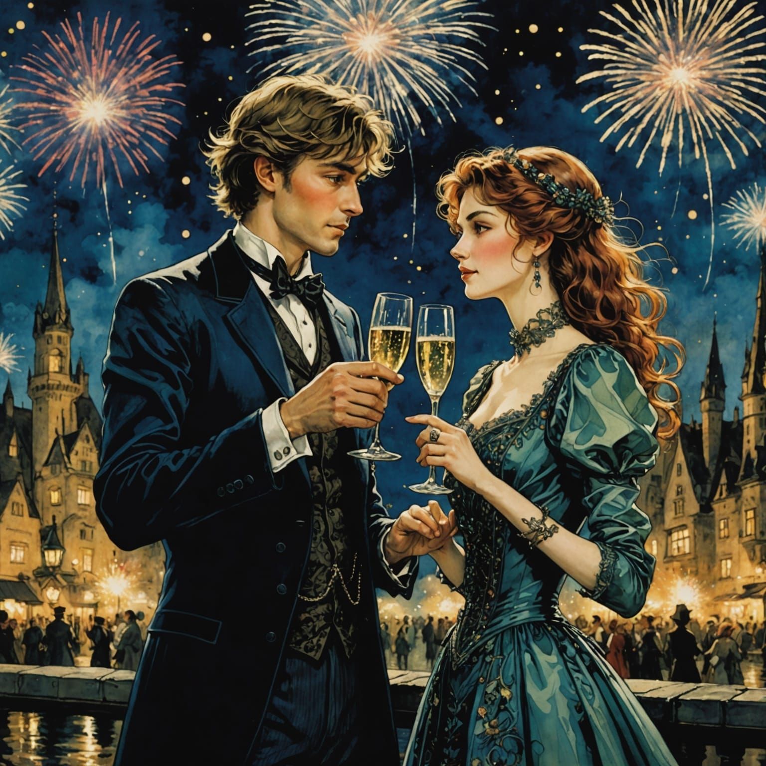 Elegant Couple Cheers under Whimsical Fireworks