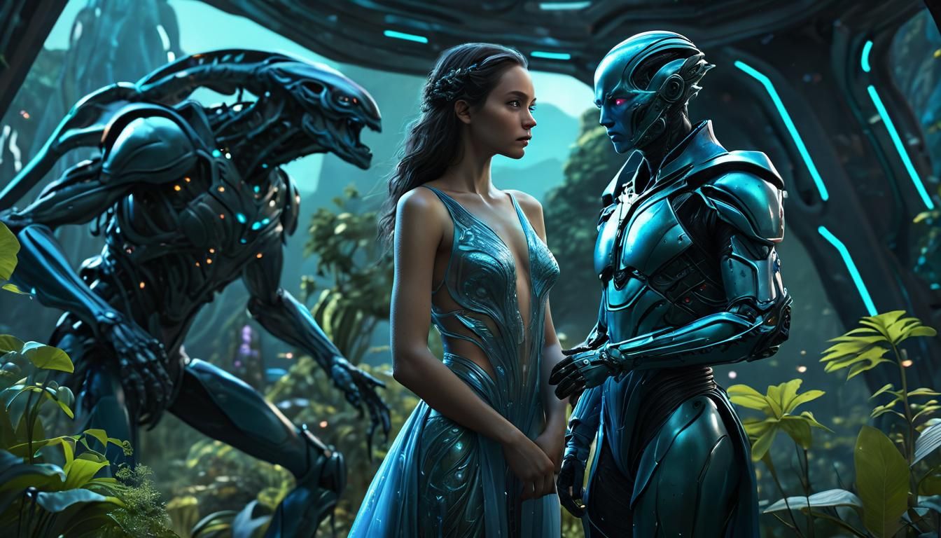 Alien Beauty and Armored Man in Bioluminescent Landscape