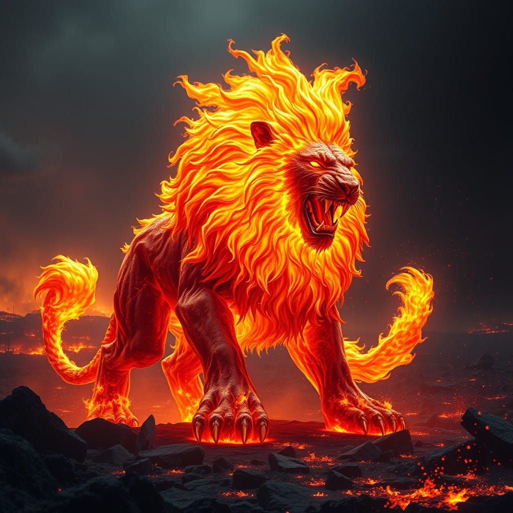 Vibrant, Blazing Lion Dominates Scorched Battlefield in Fier...
