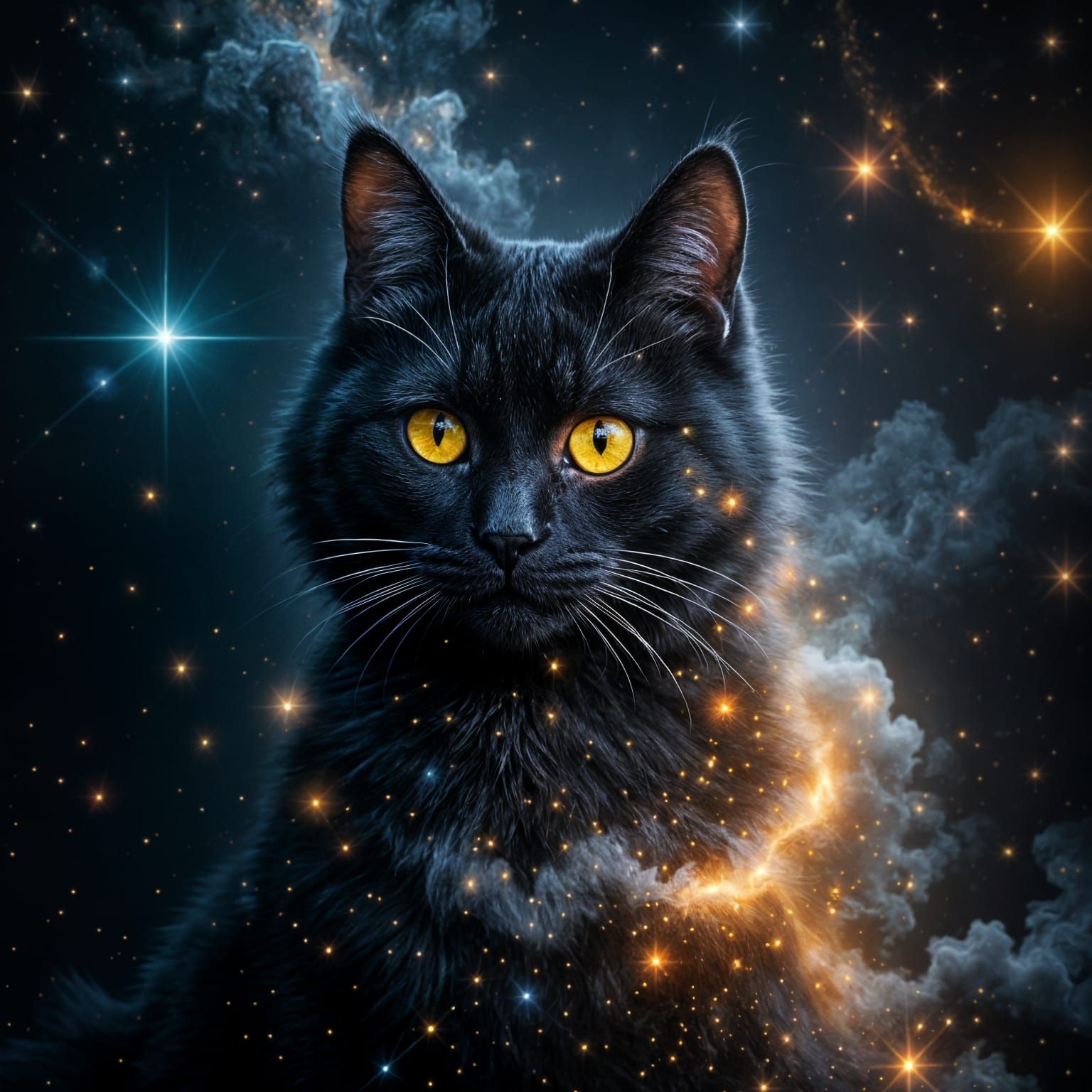 Cosmic Nebula Cat Portrait With Yellow Eyes
