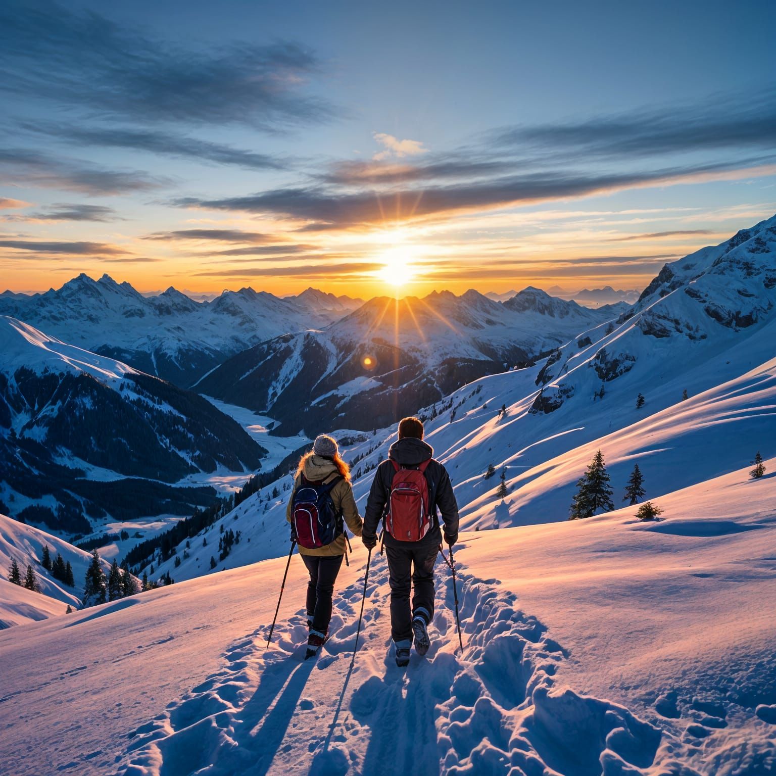 Couple Descending Swiss Alps at Sunset