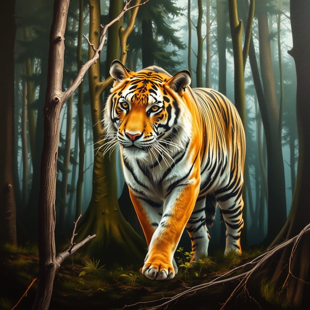 Double Exposure Tiger in Wilderness Oil Painting