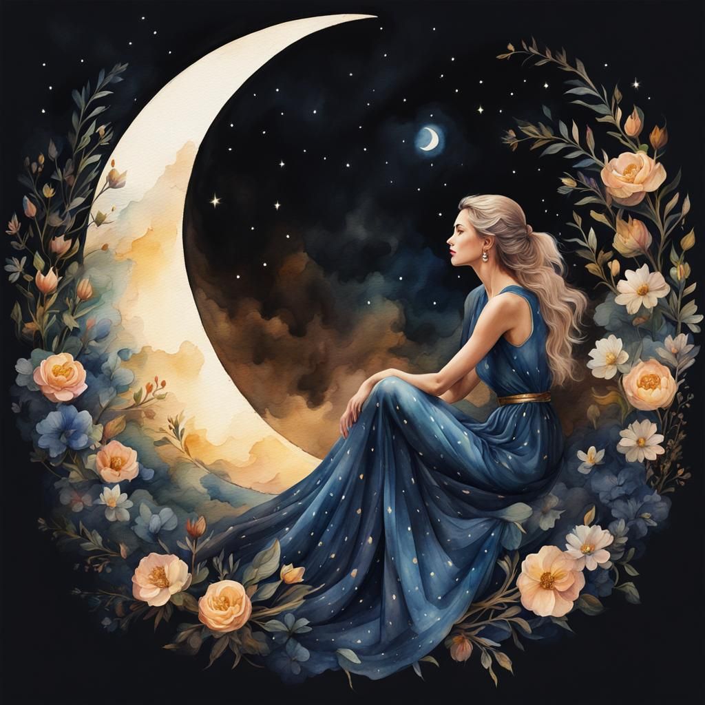 Woman in Crescent Moon: Digital Watercolor Art