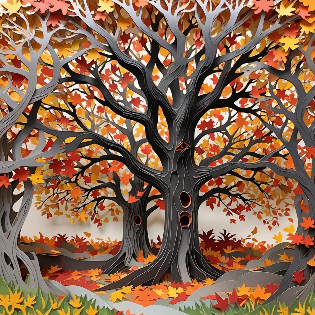 Oak Tree Tunnel Book with Swirling Autumn Leaves