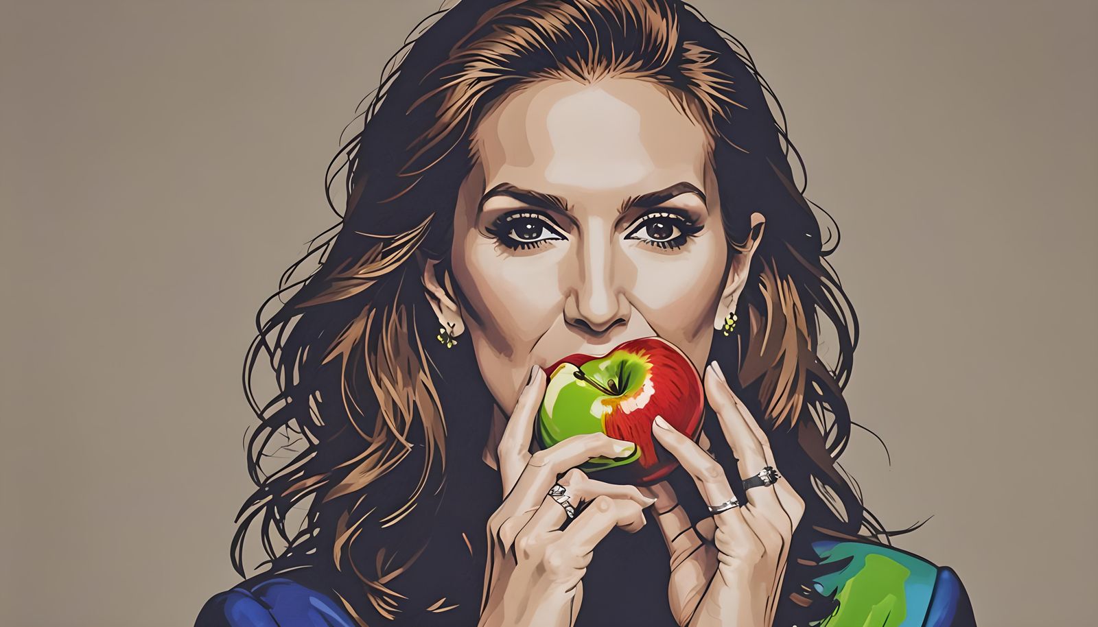 Celine Dion Biting Apple Logo in Pop Art Style