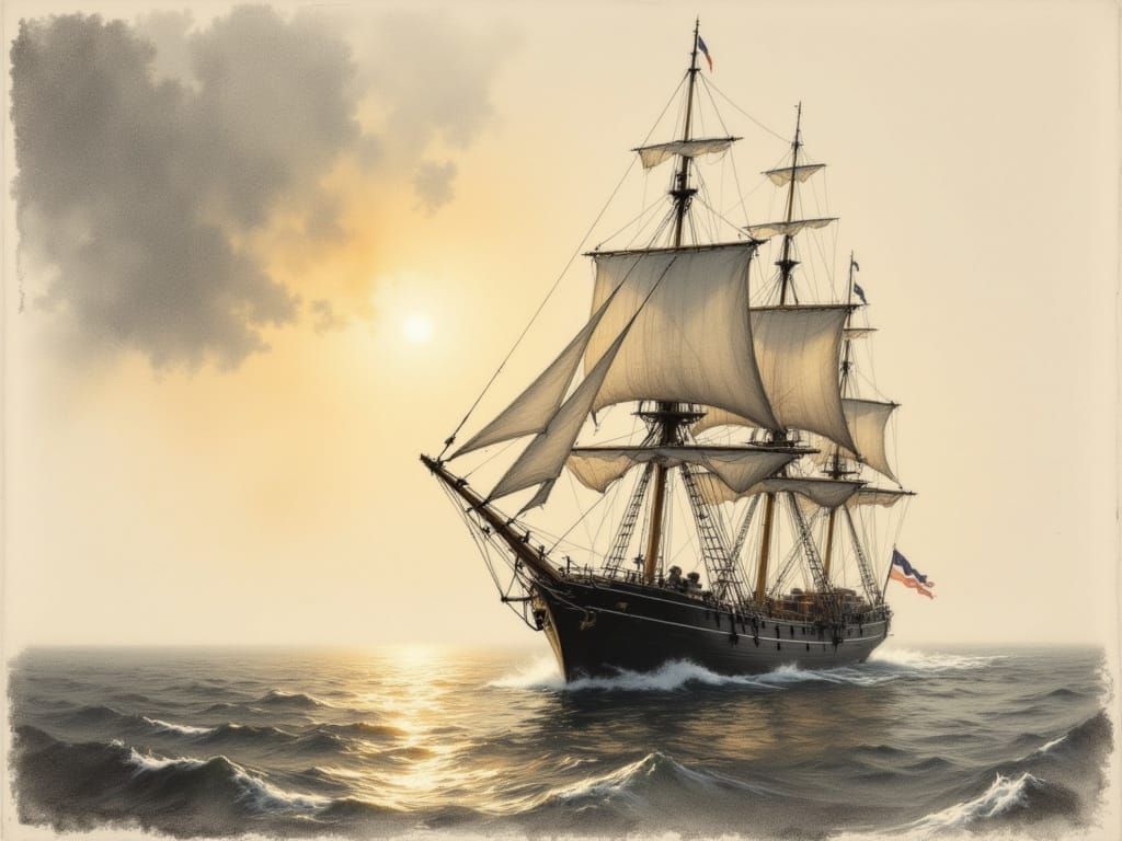 Sailing Ship at Golden Hour in a Quick Charcoal Sketch