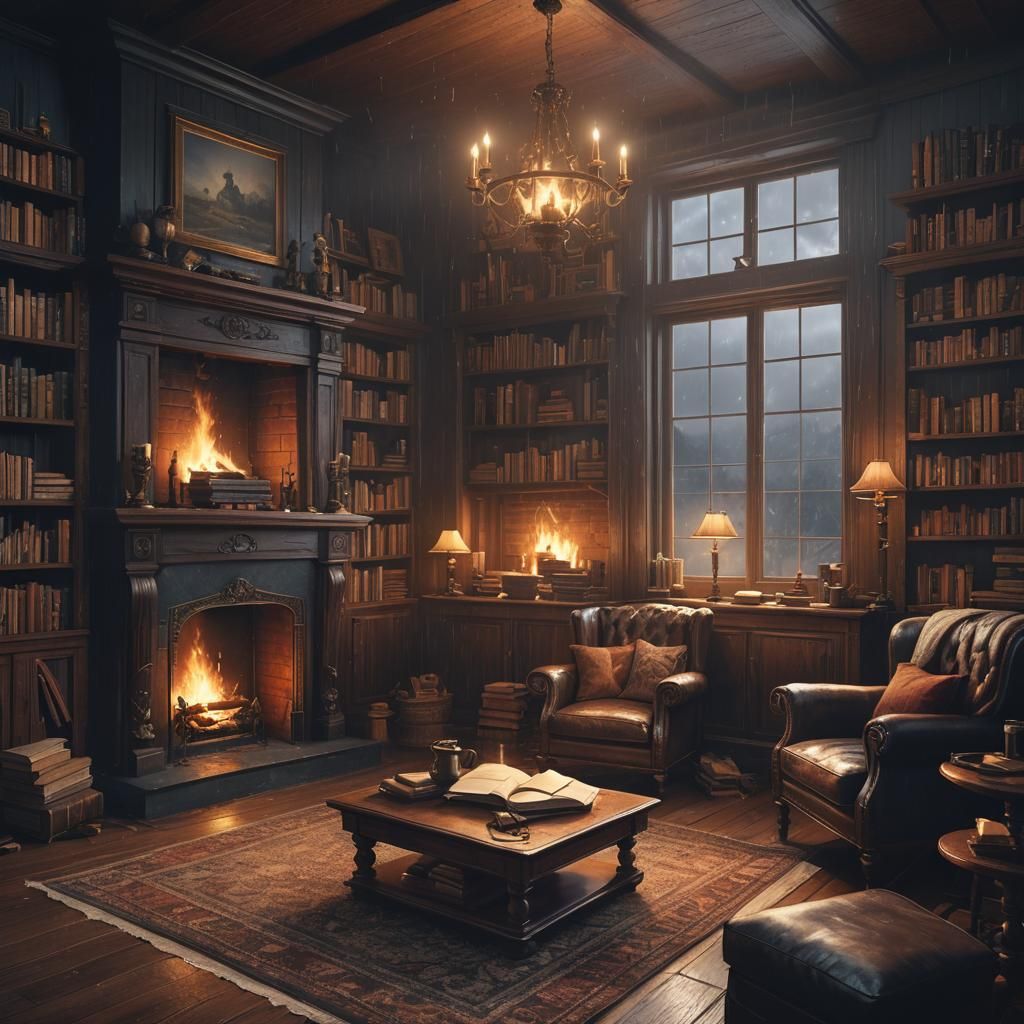Cozy Dark Fantasy Living Room in Art Nouveau Style