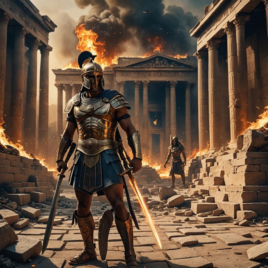 Greek Warrior Amidst Burning Alexandria Library