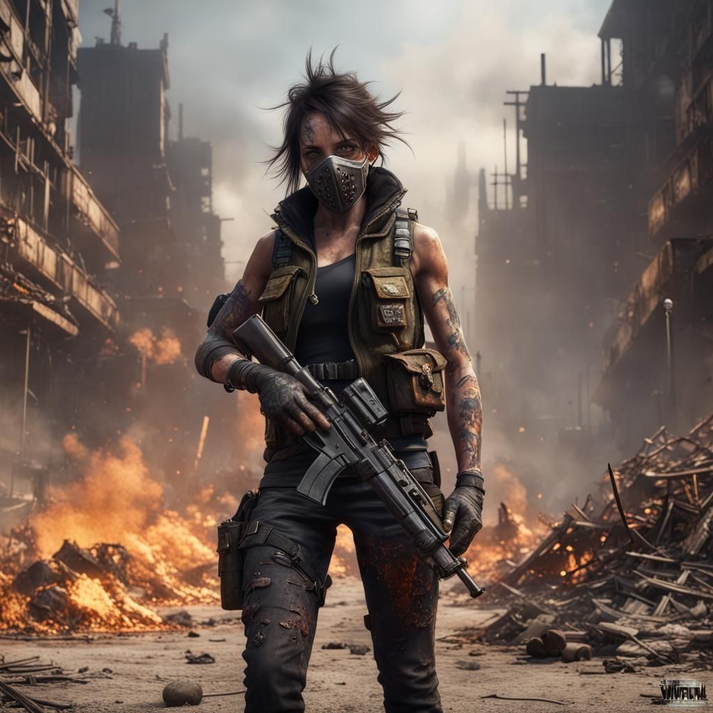 Post-Apocalyptic Warrior in Burning Wasteland