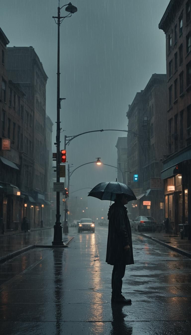 Melancholic Figure in Rainy Cinematic Scene