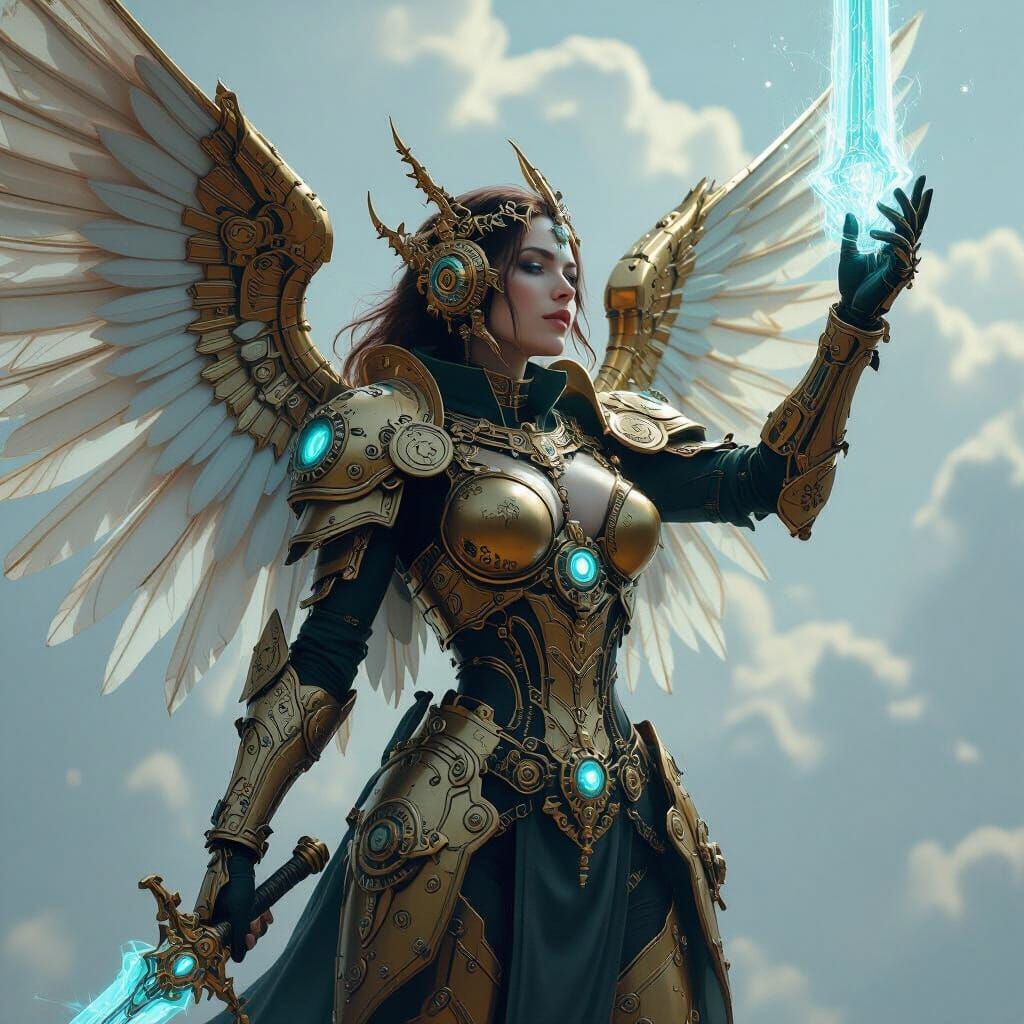 Steampunk Angel with Clockwork Armor and Shining Sword