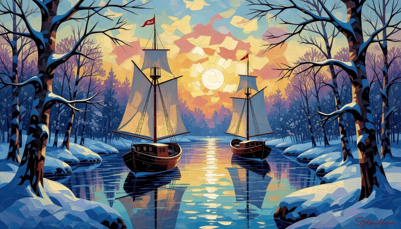 Magical Winter Ships in Trees as Impasto Painting