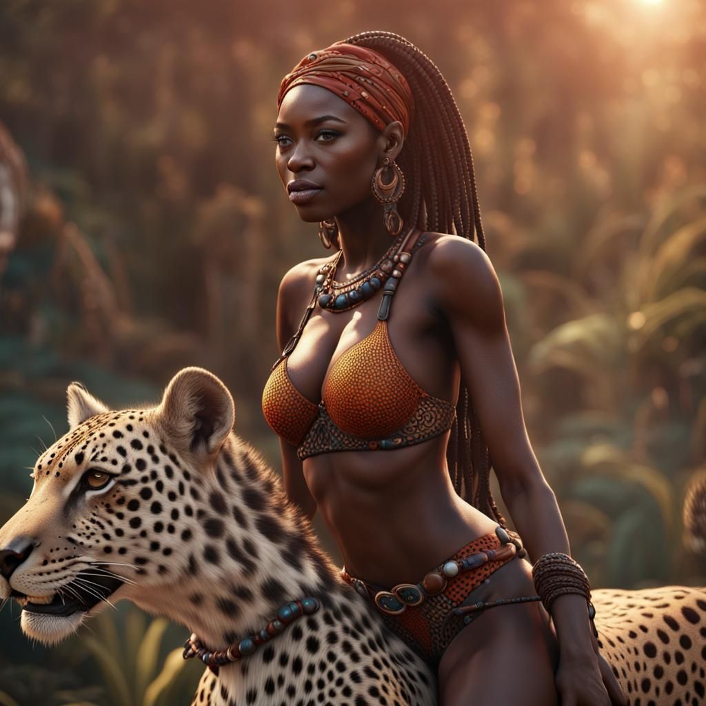Nigerian Woman Rides Cheetah: Detailed Fantasy Art