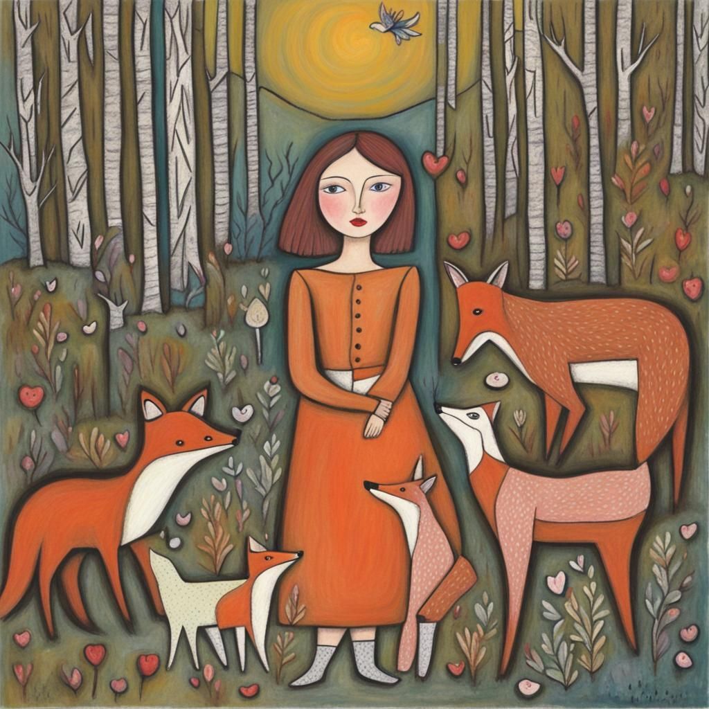 Fairytale Woman Surrounded by Animals in Art Brut Style