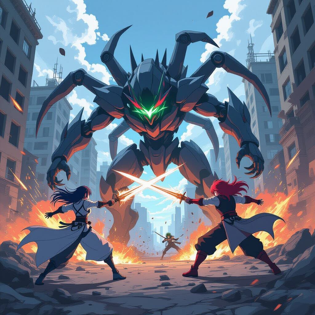 Epic Anime Battle: Warrior vs. Alien in Cityscape
