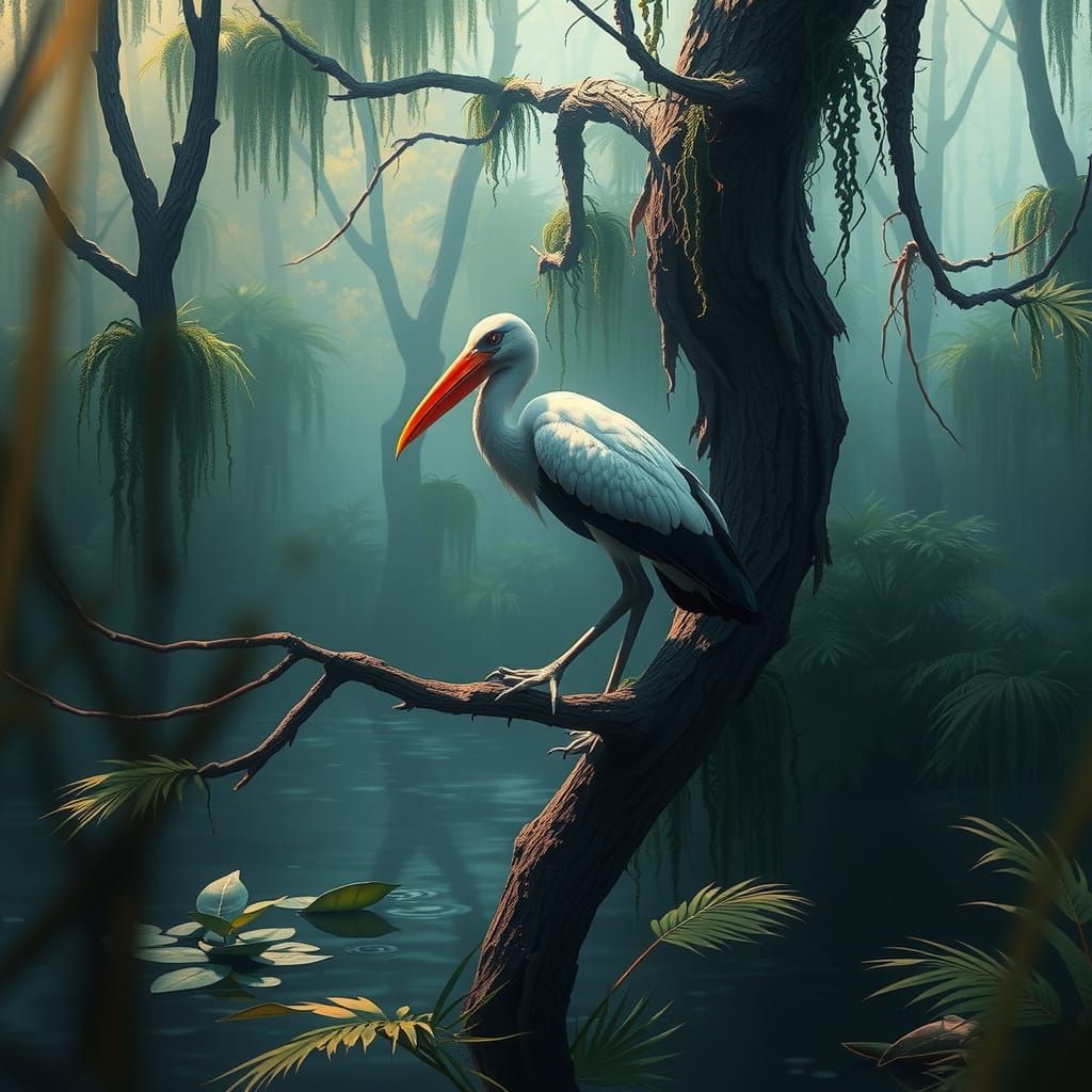Florida Swamp Ibis in Vibrant, Fantastical Landscape