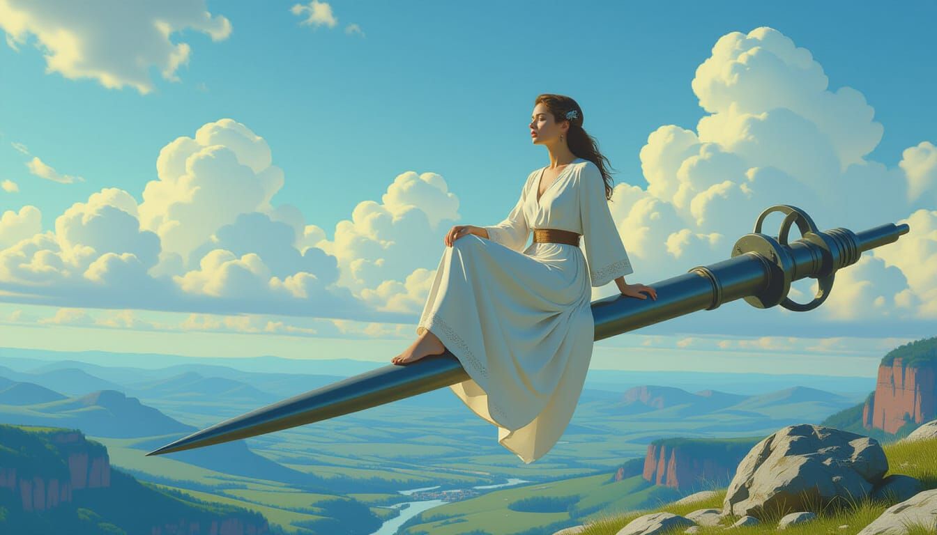 Woman on Iron Needle in Blue Valley Landscape