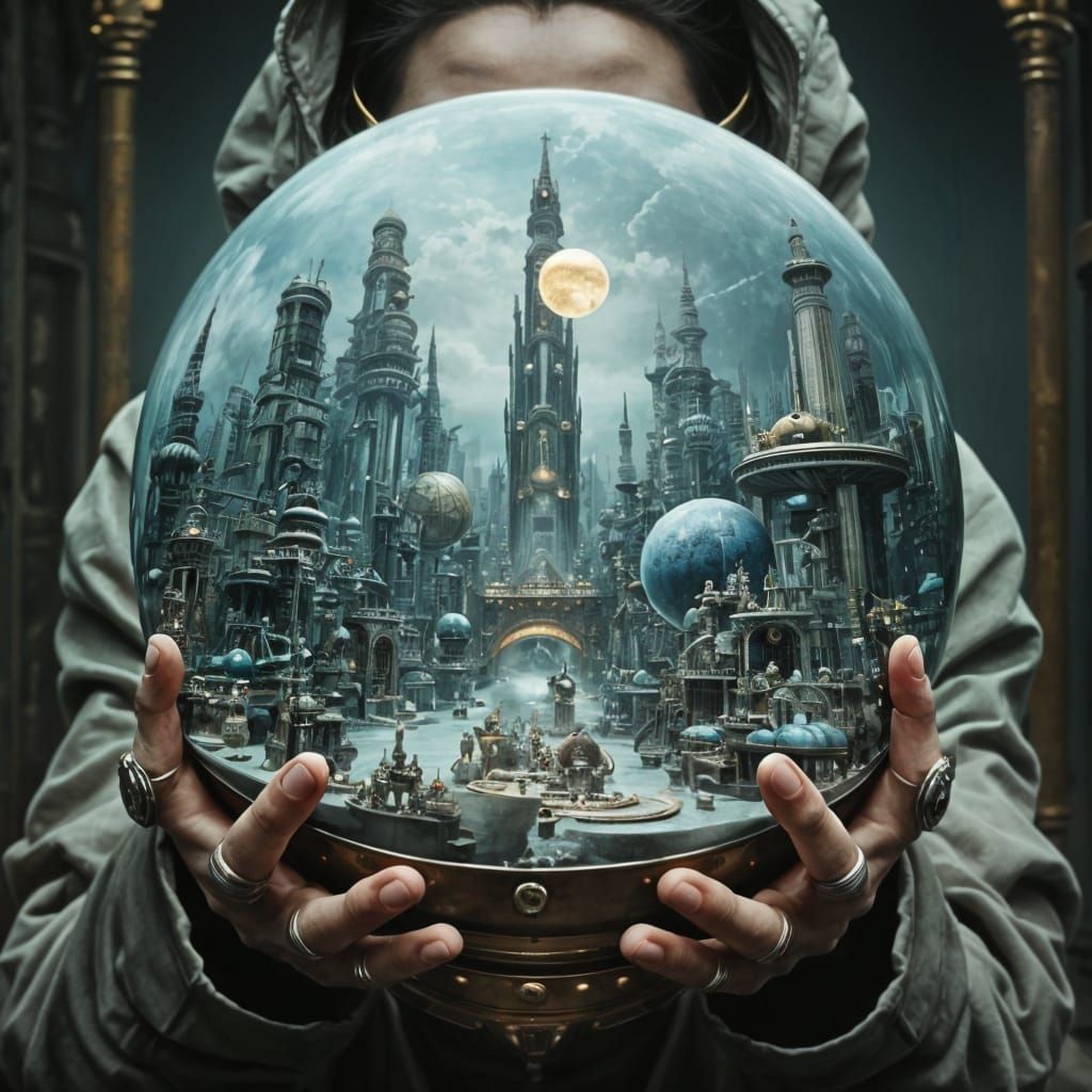 Steampunk Woman Amidst Futuristic Cityscape in Ornate Fibona...