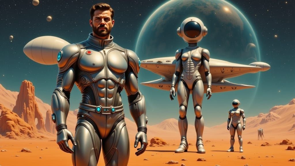 Muscular Man Stands Beside Futuristic Robot in Desolate Spac...