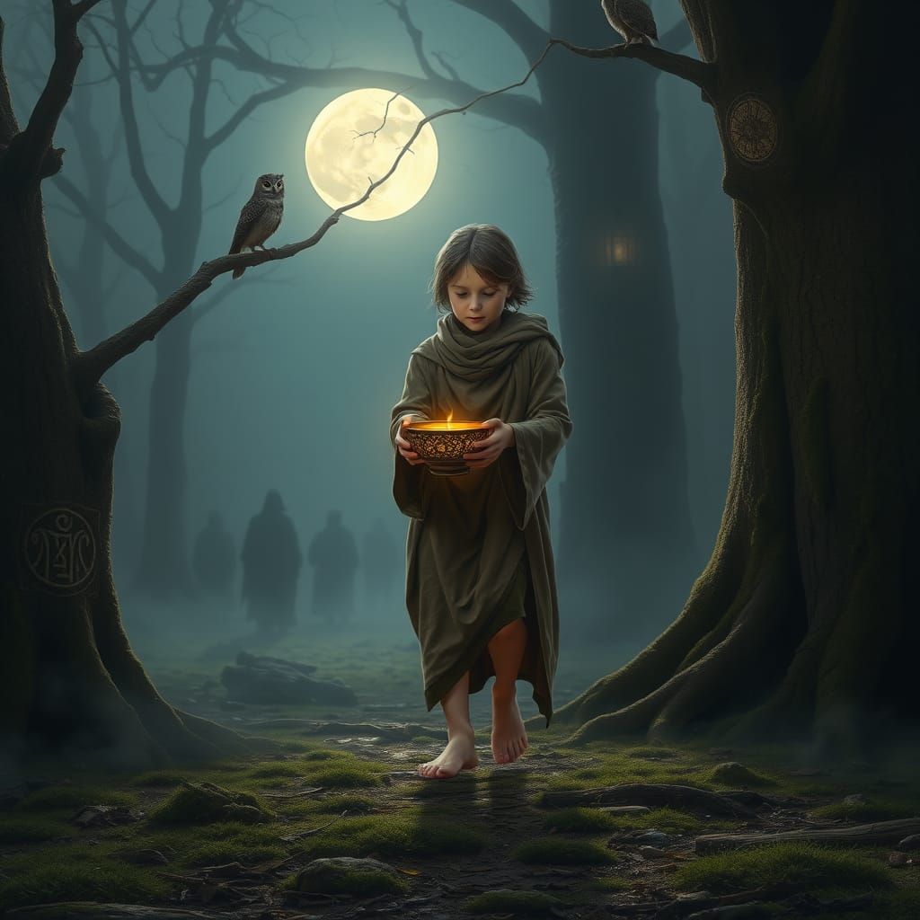 Vaidila Initiate in Moonlit Forest, Baltic Mythology Inspira...