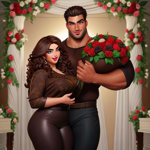 Muscular Man Carries Curvy Woman with Roses