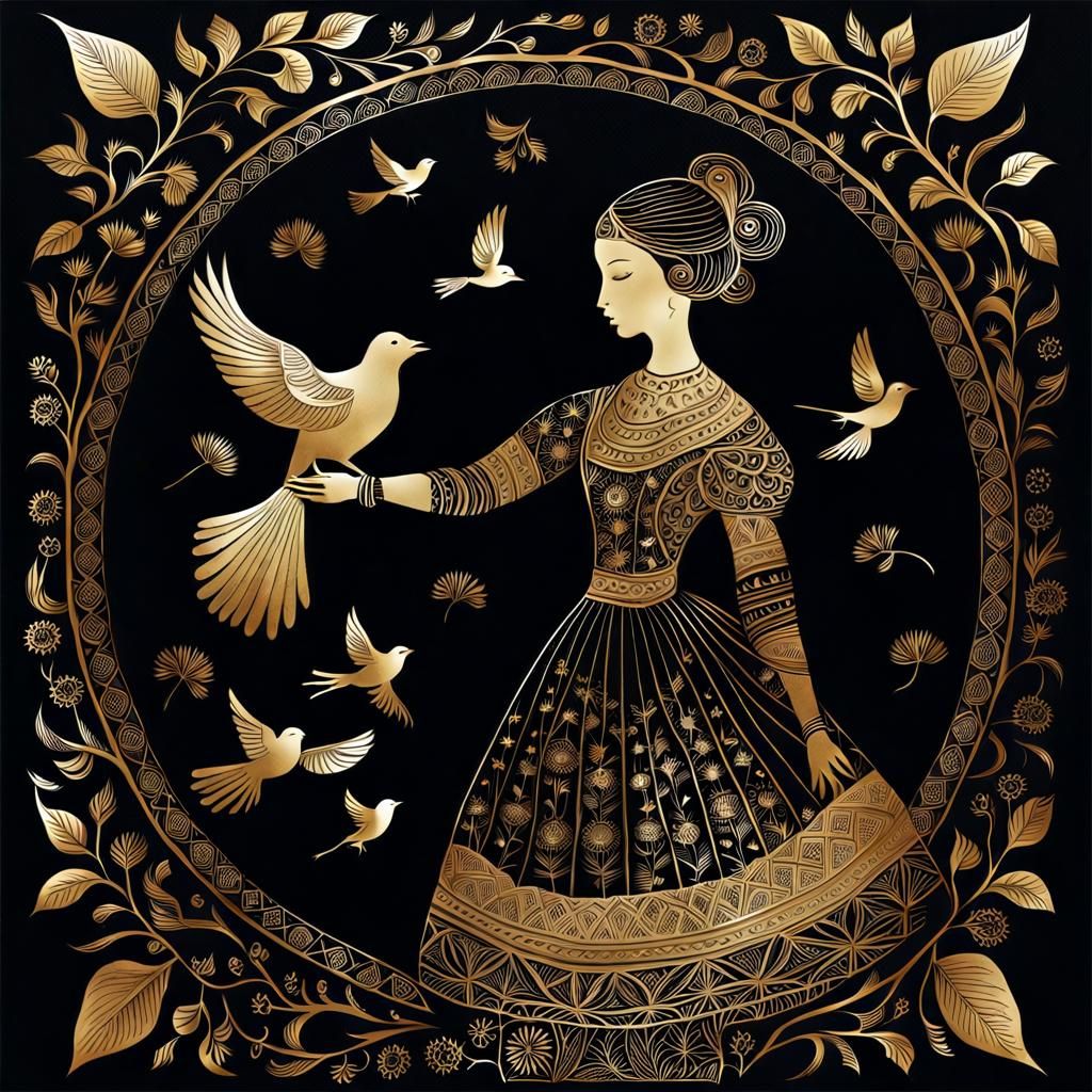 Girl Silhouette Holding Bird: Gold Ink Folk Art
