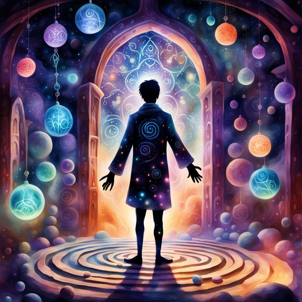 Mystical Seeker in Shadow House: Surrealist Illustration