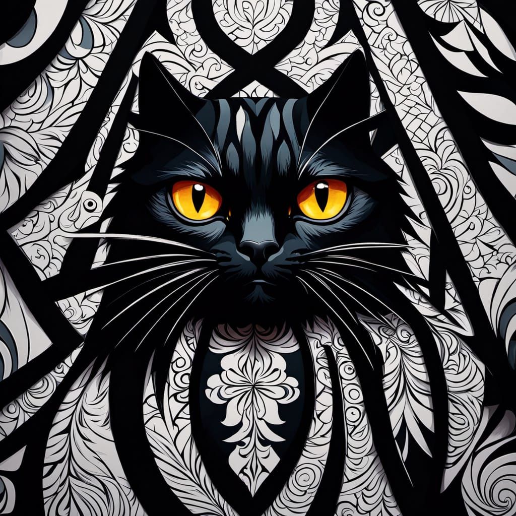 Naive Art Black Cat Intense Gaze Impressionistic Painting