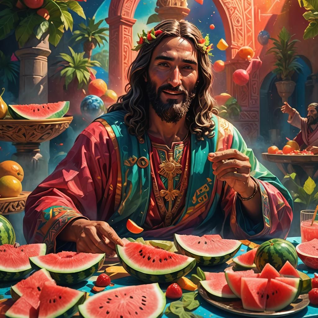 Hyperrealistic Gods Sharing Watermelon, Vibrant Concept Art