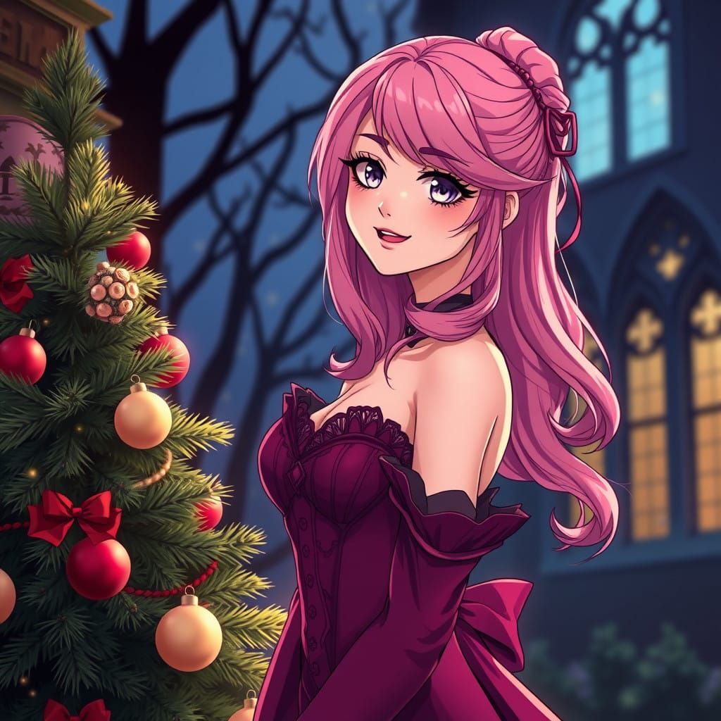 Pink Haired Gothic Maiden Smiles by Christmas Tree in Anime...