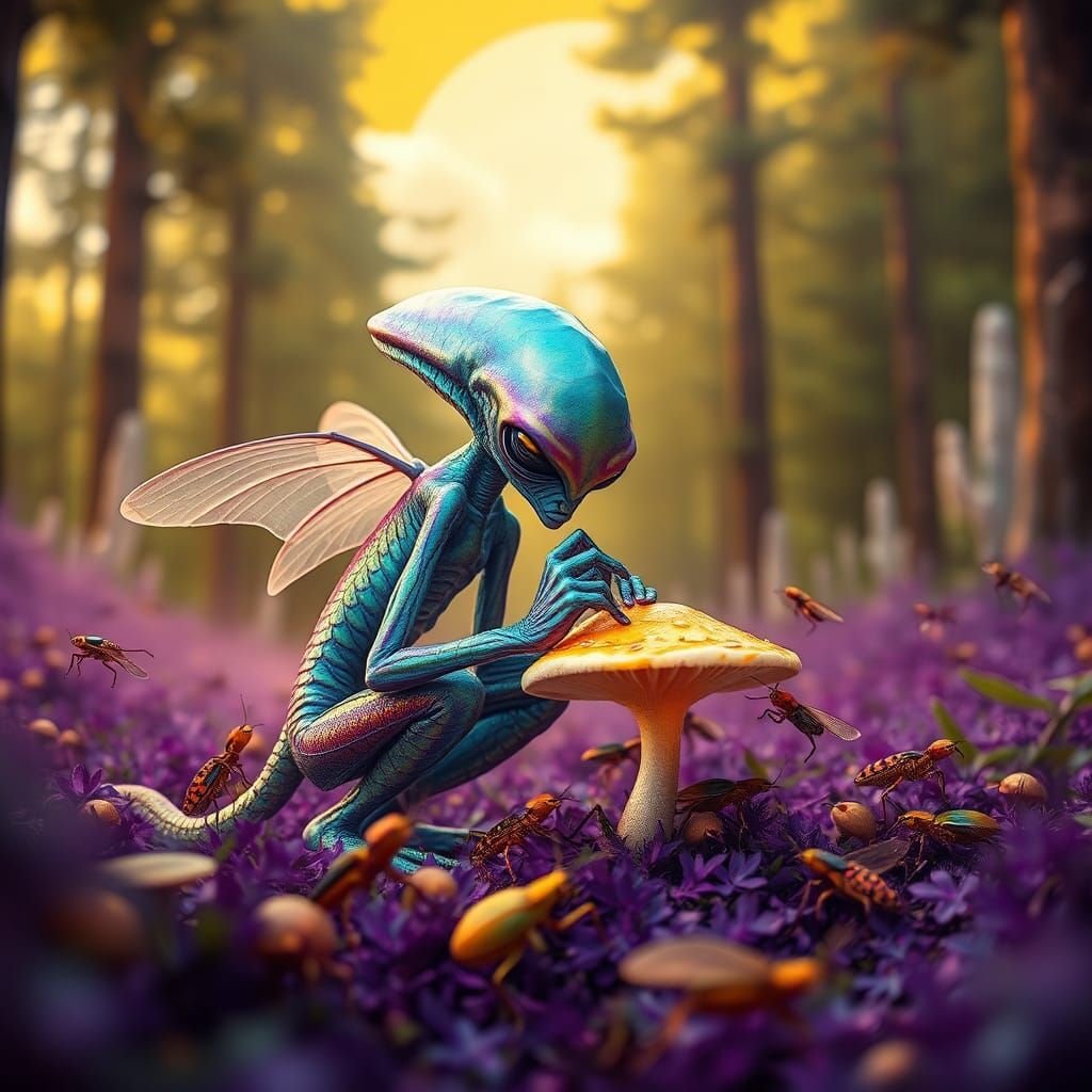 Iridescent Alien Consuming Glowing Mushroom in Alien Forest