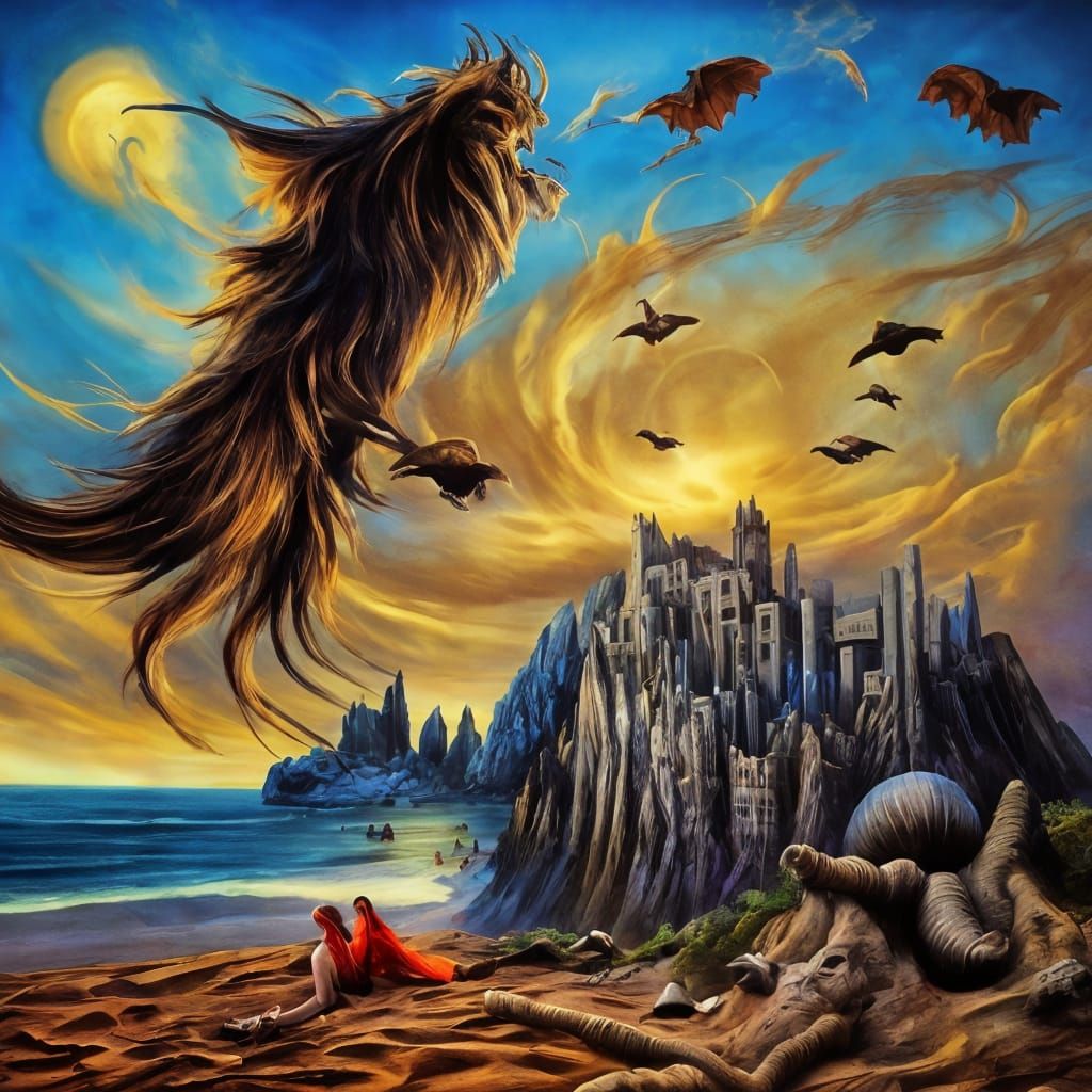 Vampires Building Sandcastle in Naive Art Style