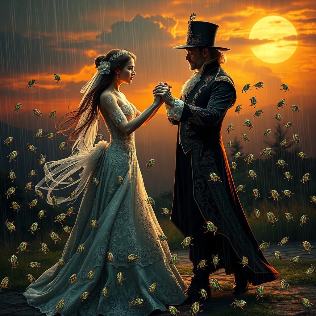 Victorian Dancers Amidst Whirlwind of Iridescent Frogs in St...