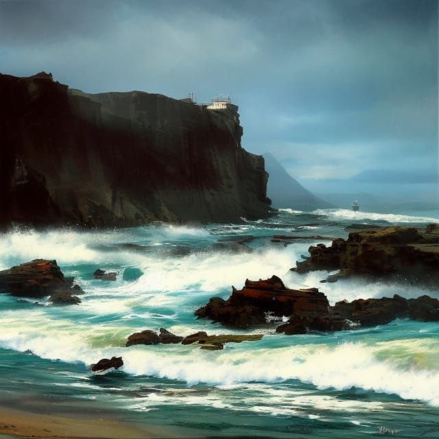 Ocean Waves Crashing on Rocky Cliffs at Sunset