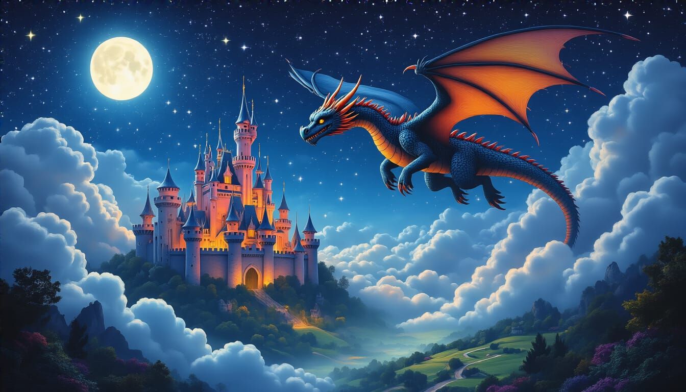 Nighttime Dragon Soars Over Cloud Castle