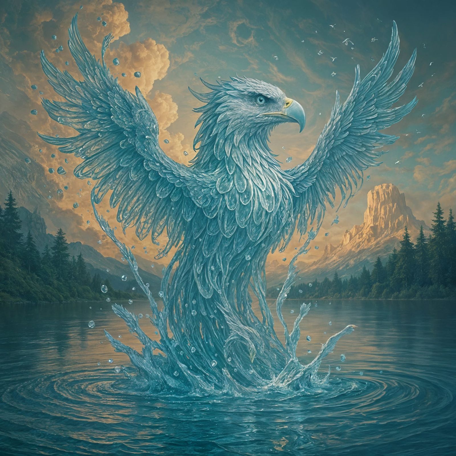 Ethereal Aquatic Eagle Ascends from Mystical Lake