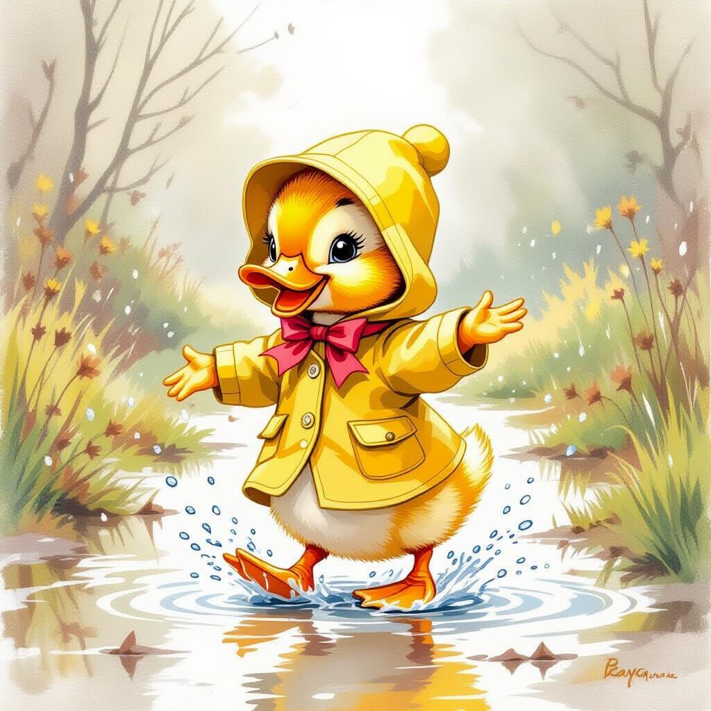 Duckling Dancing in Puddles, Children's Book Illustration