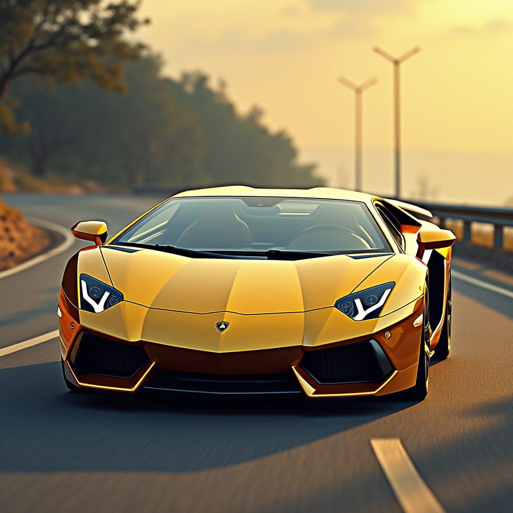 Luxury Gold Lamborghini Speeds Down Winding Road in Photorea...
